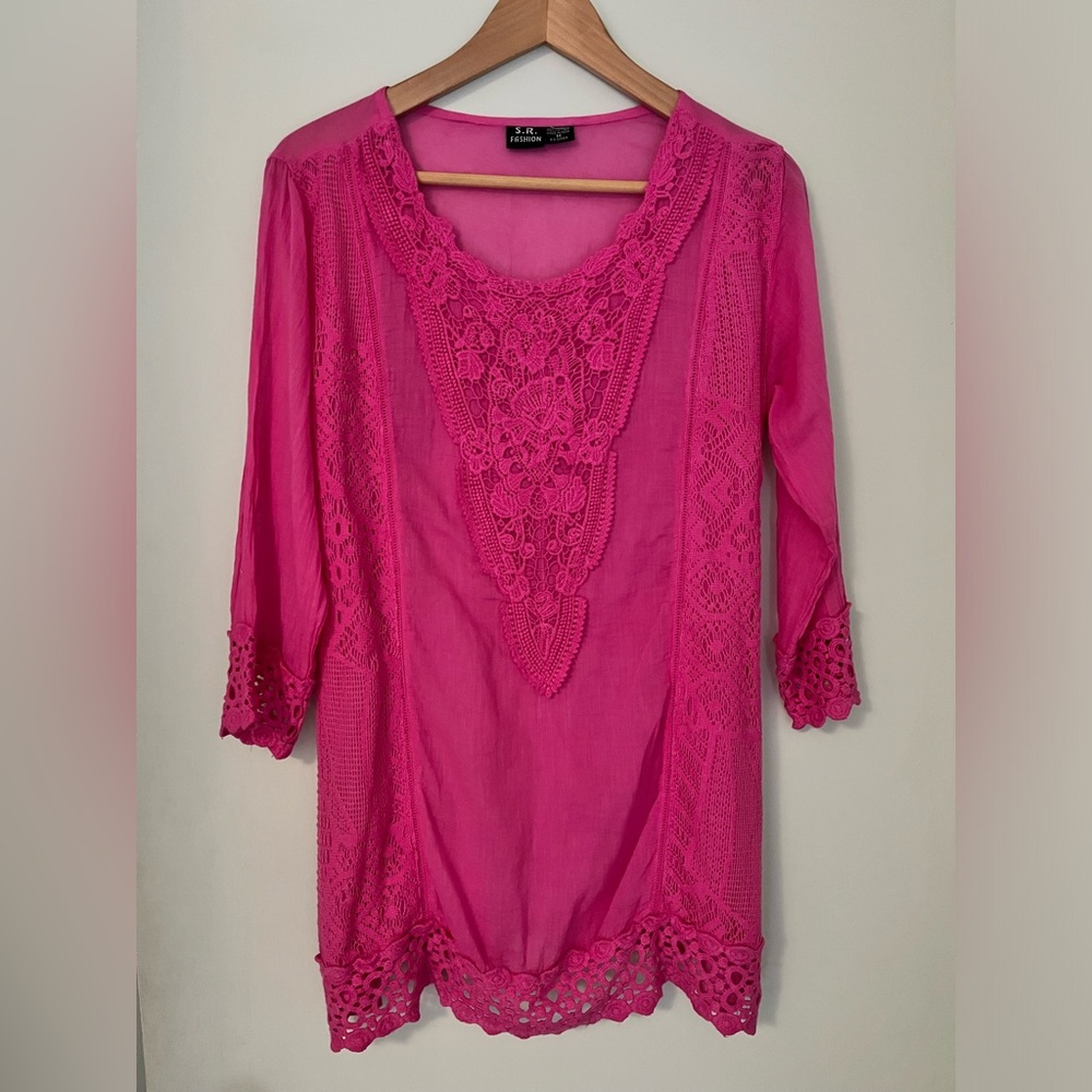 Vibrant Pink 100% Cotton Semi Sheer Lace Tunic Top with Back Tie Barbiecore Boho